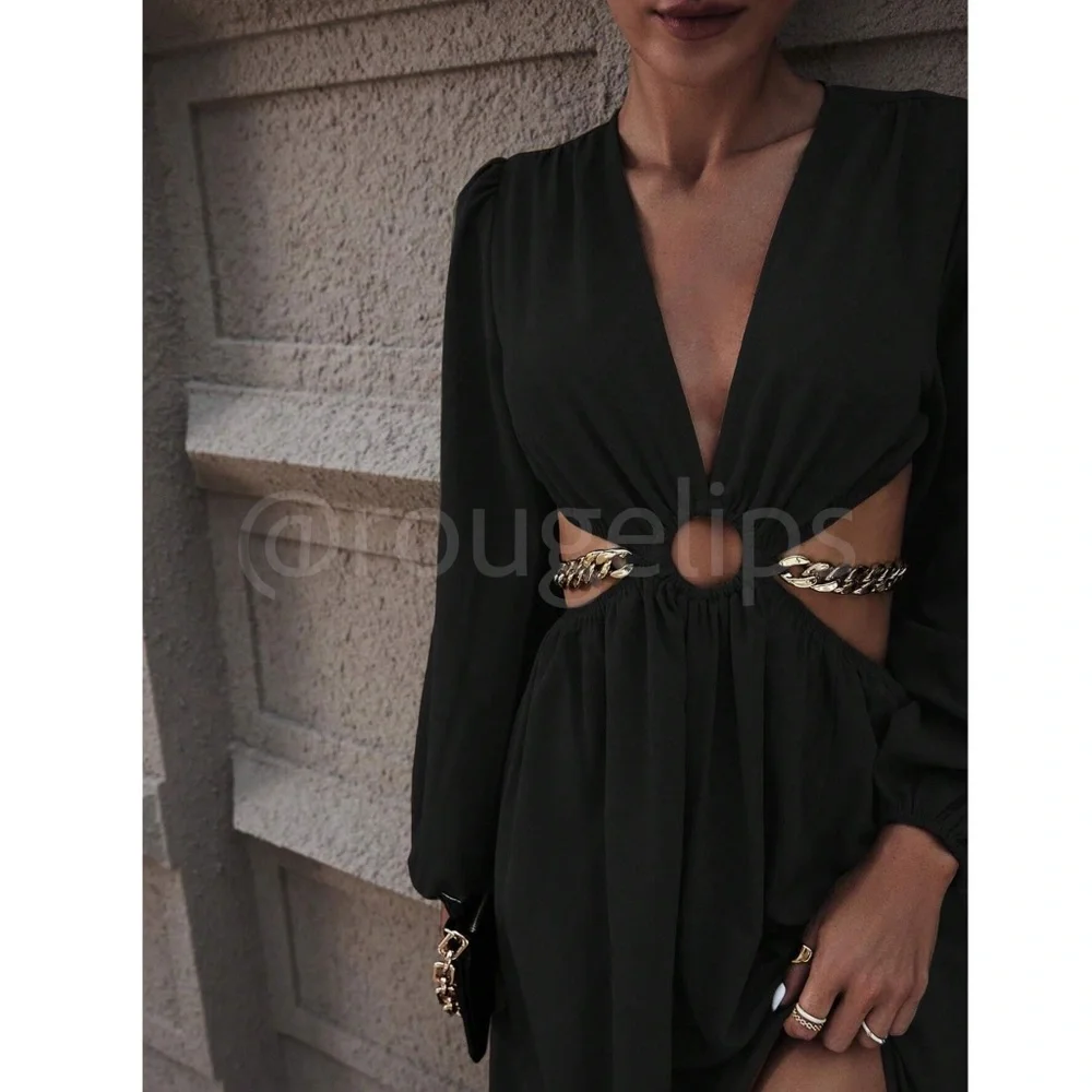 Black Maxi Dress Chain Strap Detail Cut Out Long Lantern Sleeve Leg Slit - Picture 2 of 7